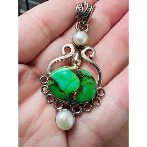 Vintage Sterling Silver Mojave Turquoise & Pearl Pendant 925 Boho 7g Green - Picture 10 of 10